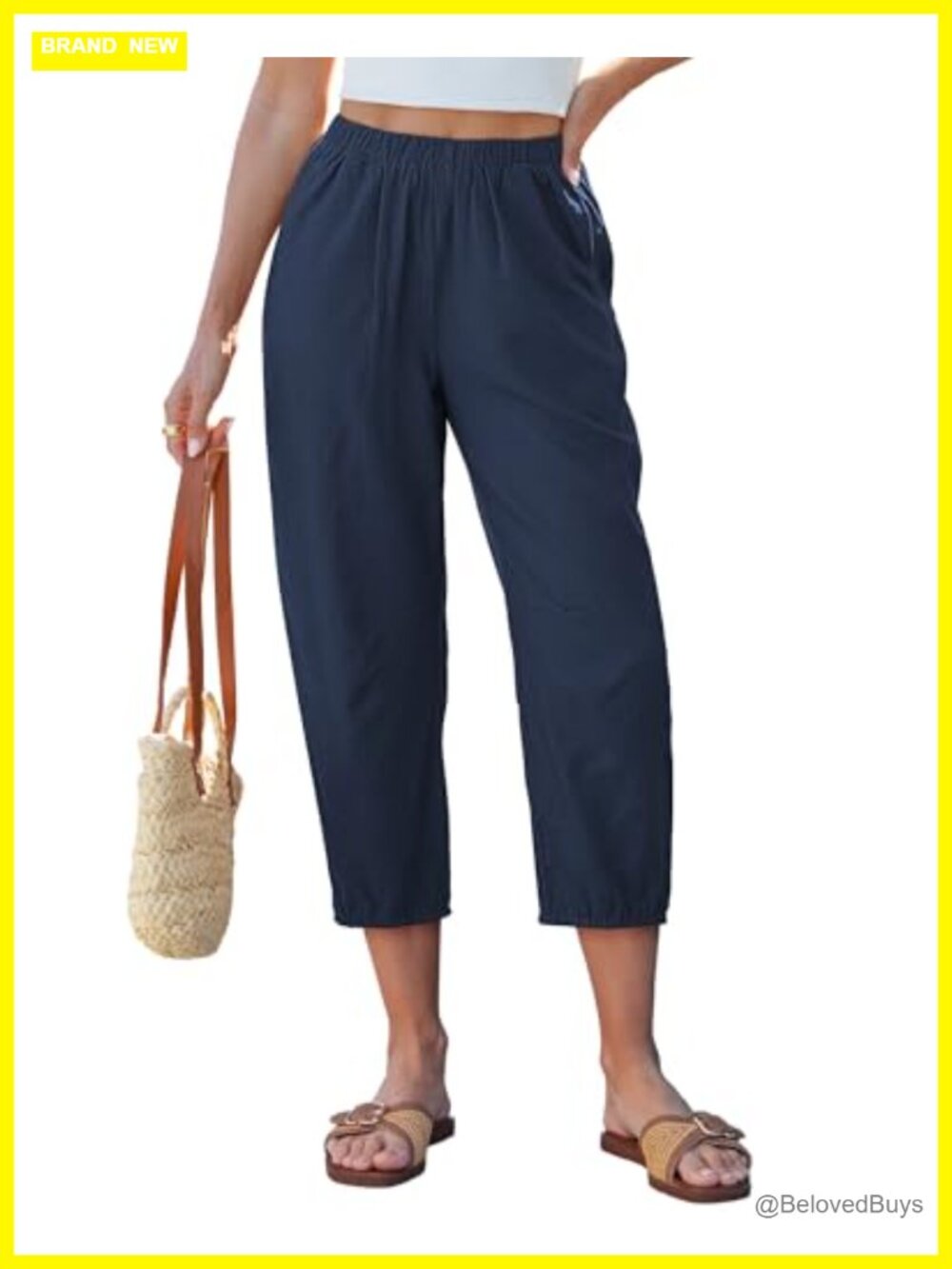 Linen Barrel Leg Capri Pants High Waisted Pull On Elastic Waist Casual Summer